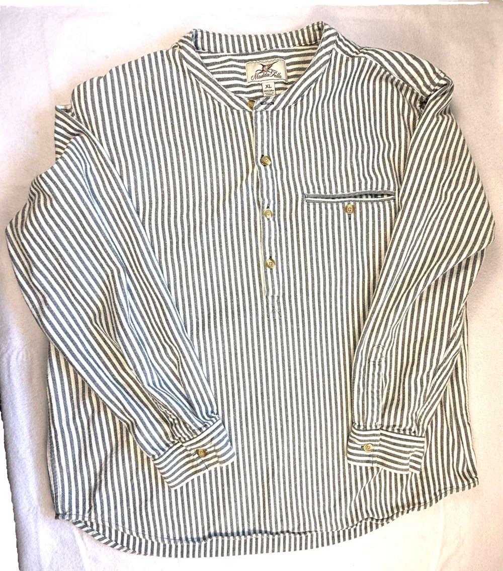 Madda Fella Castaway Shirt XL Men's Striped Collarless Grandfather Pullover Cott